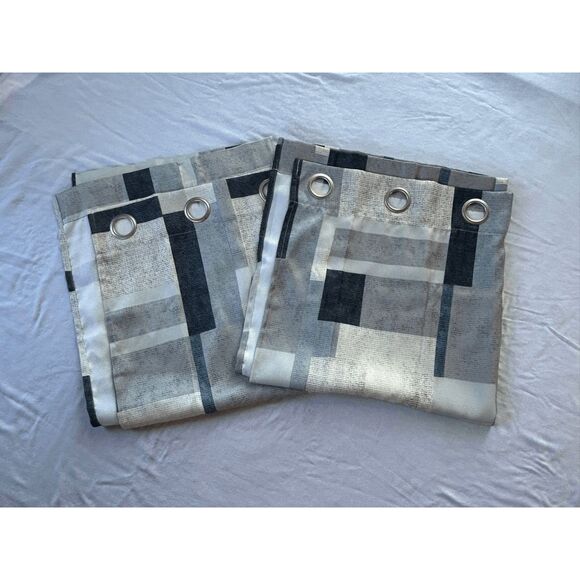 Grommet Panel Curtain Set of Two, Blue/ Cream/Gray Geometric Pattern, Long 84x39 - Picture 1 of 5